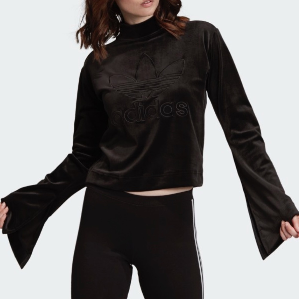 Adidas Bellista black velvet cropped bell sleeve sweater NWT